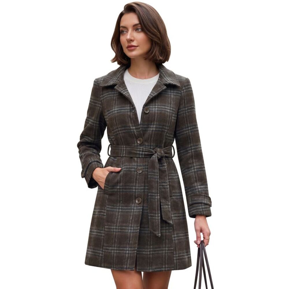 Women's Vintage Plaid Peacoat Stand Collar Winter Trench Coats Brown